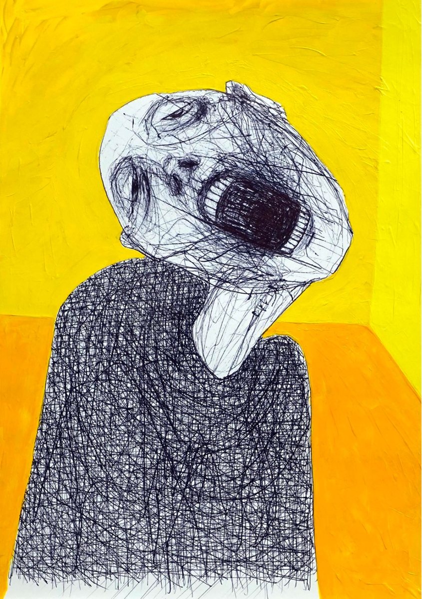 A screaming figure in scribbled black ink against a cadmium-yellow room — artwork by Naji Chalhoub